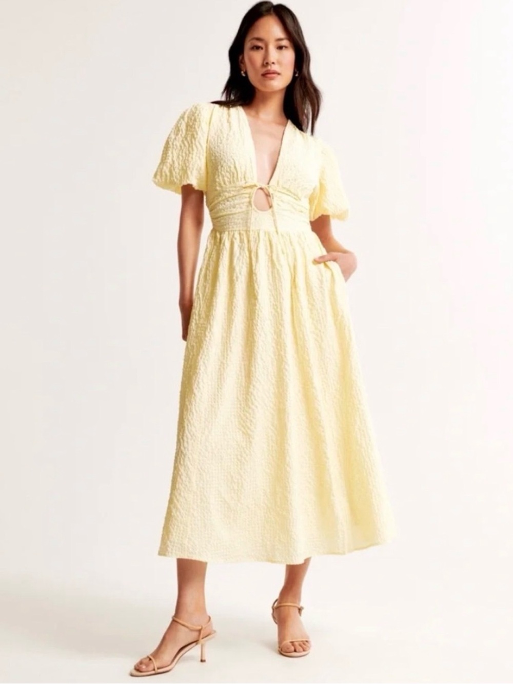 Abercrombie, Light Yellow Textured Midi Dress with Puff Sleeves